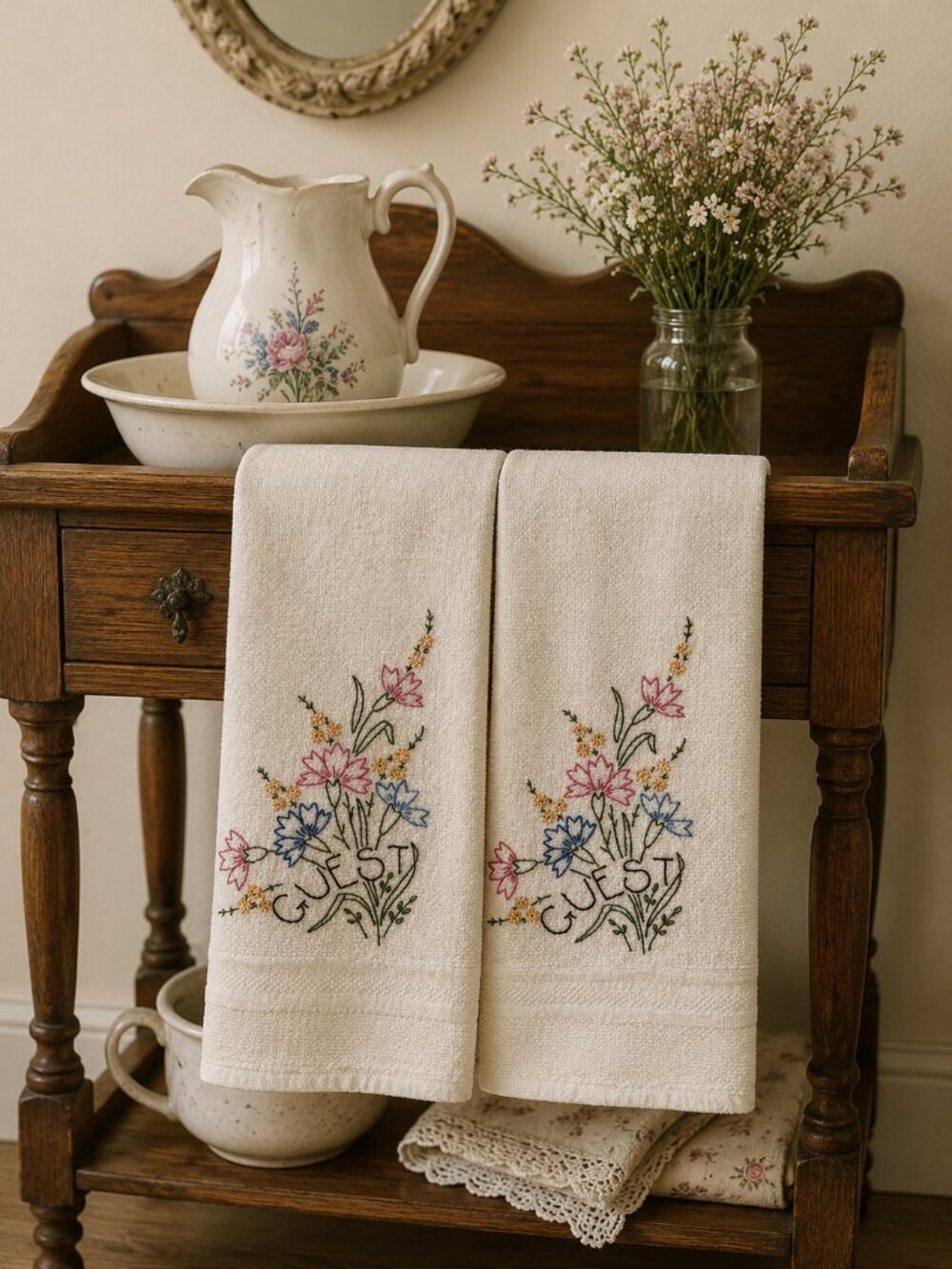 Vintage‎ Hand Embroidered Guest Hand Towel Set